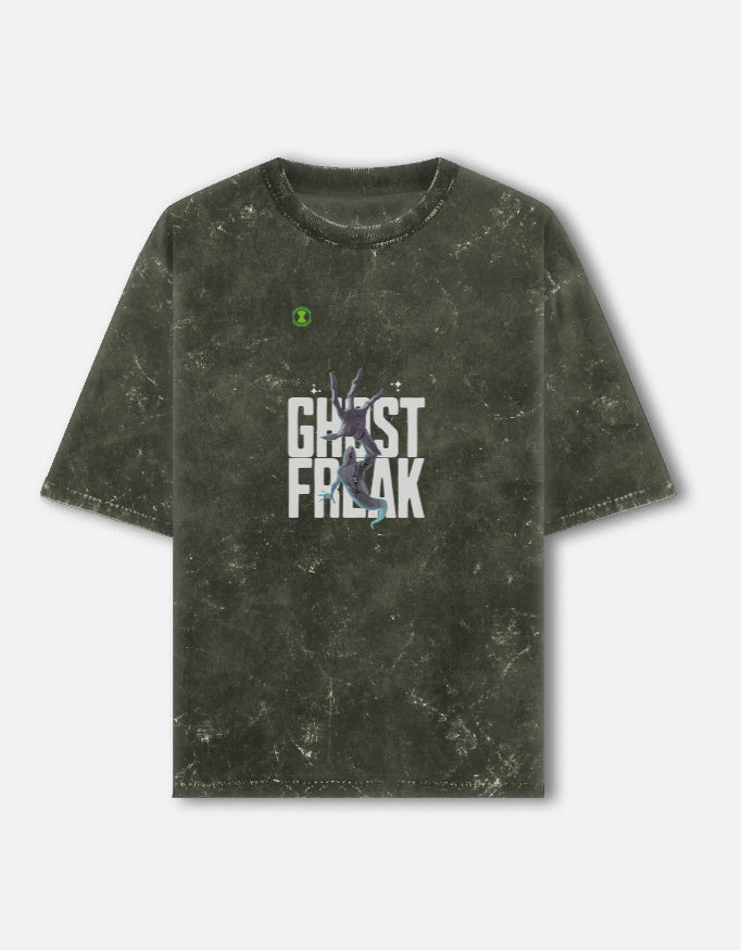 Green distressed t-shirt with 'Ghost Freak' text on a white background
