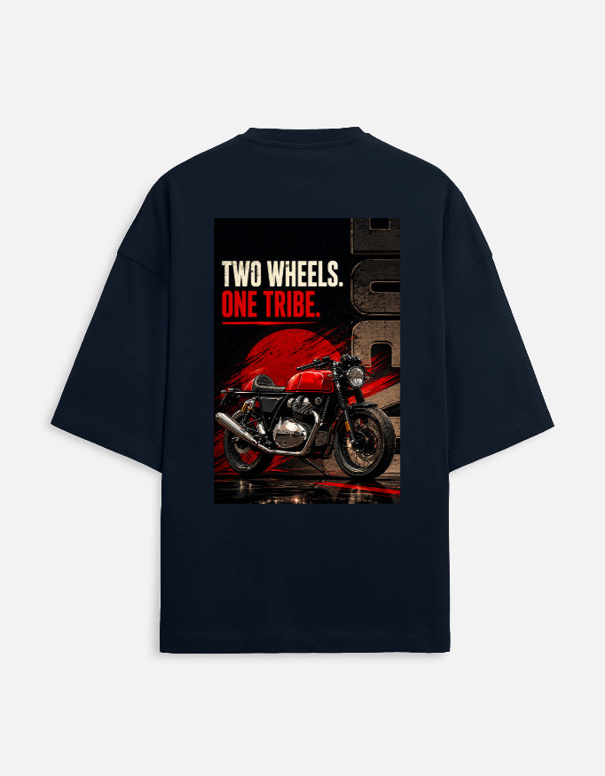 Black t-shirt with a graphic of a red motorcycle and text 'Two Wheels. One Tribe.' on a white background