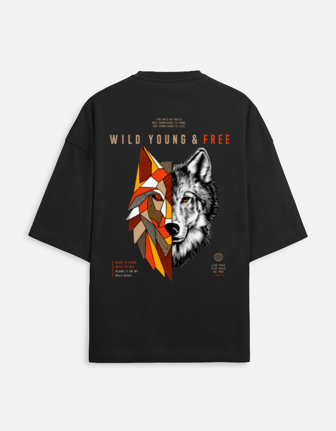 Black t-shirt with wolf design and 'Wild Young & Free' text on a light gray background
