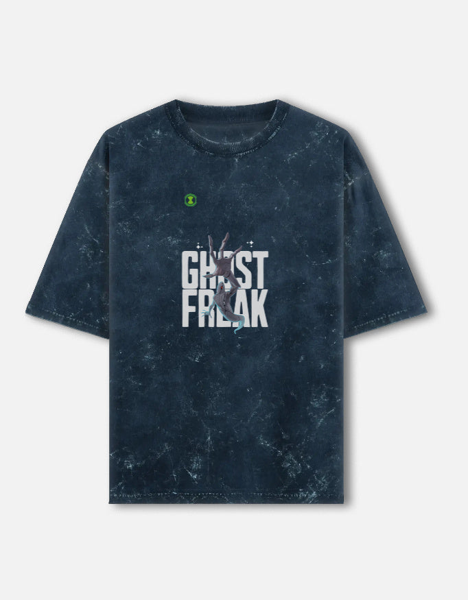 Blue t-shirt with 'Ghost Freak' text on a white background