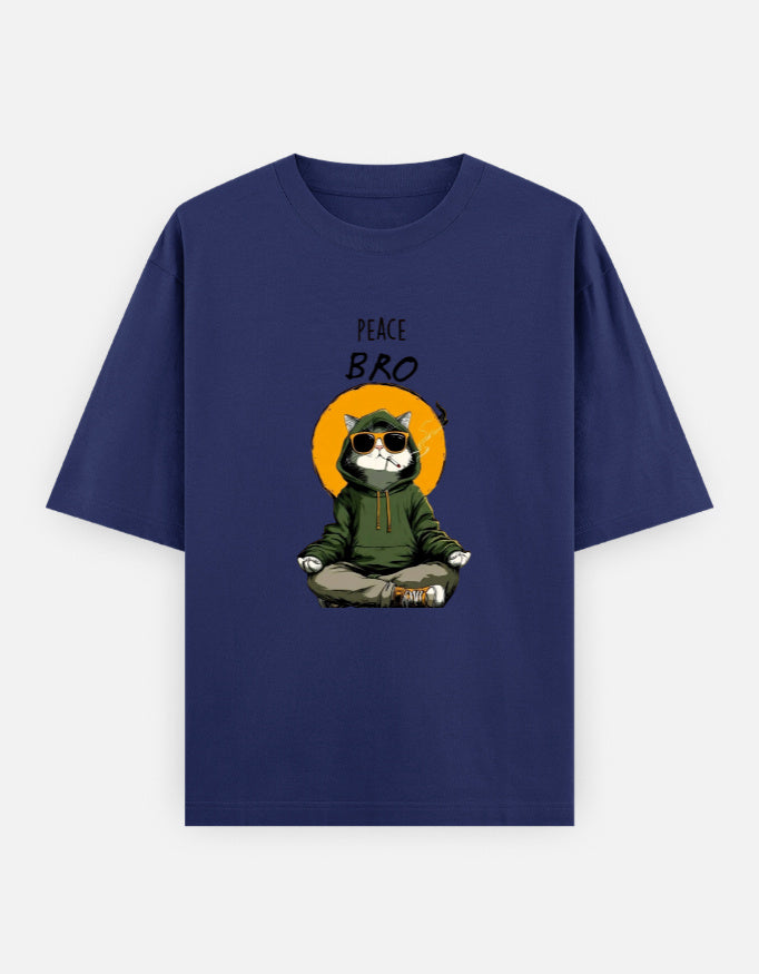 Navy blue t-shirt with a graphic of a cat in a meditative pose and 'Peace Bro' text on a white background.