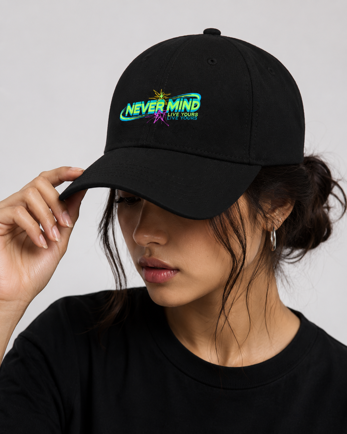 NeverMind Black Ottoman Baseball Cap – Embroidered Logo