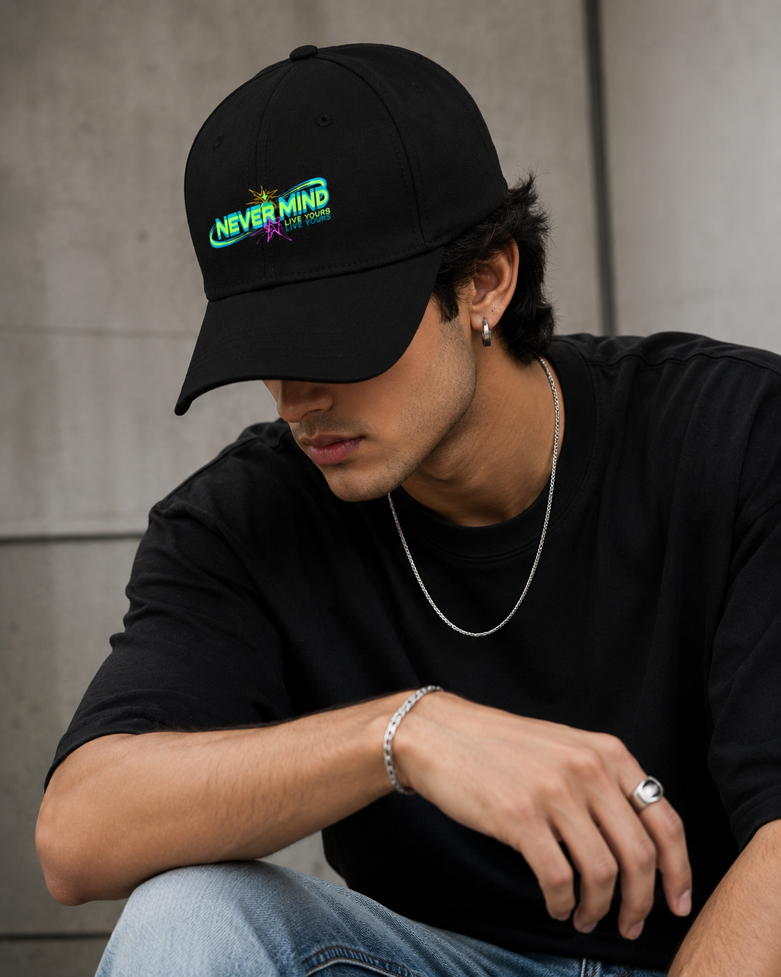 NeverMind Black Ottoman Baseball Cap – Embroidered Logo