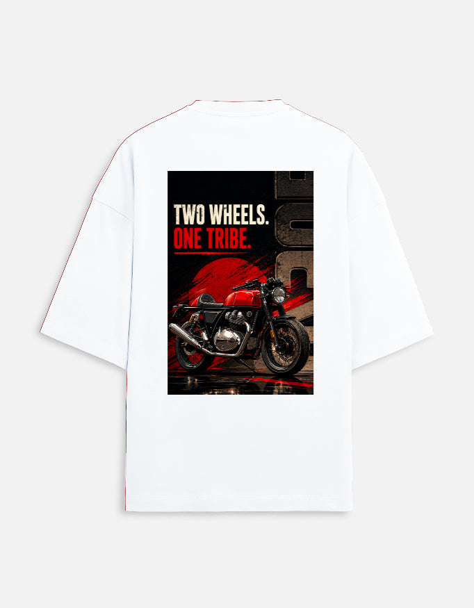 White t-shirt with a graphic of a motorcycle and text 'Two Wheels. One Tribe.' on a white background
