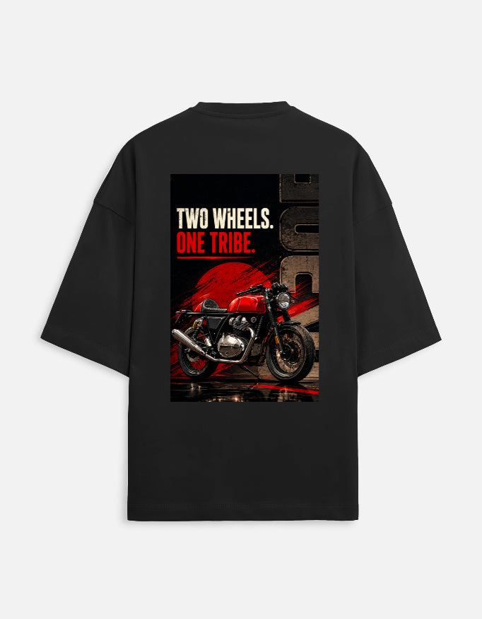 Black t-shirt with a graphic of a red motorcycle and text 'Two Wheels. One Tribe.' on a white background