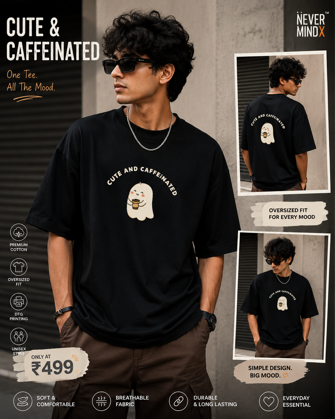Person wearing a black t-shirt with 'Cute & Caffeinated' design, sunglasses, and brown pants.