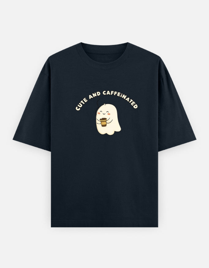 Black t-shirt with a ghost graphic and text on a white background