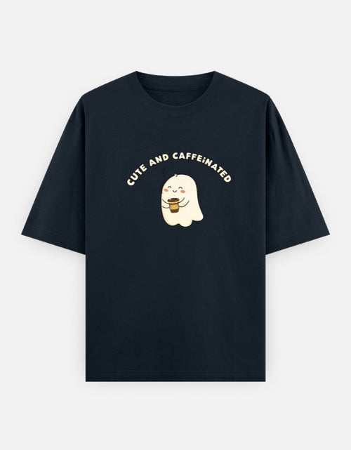 Black t-shirt with a ghost graphic and text on a white background
