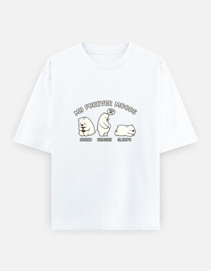 White t-shirt with cartoon bears and text on a white background