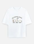 White t-shirt with cartoon bears and text on a white background