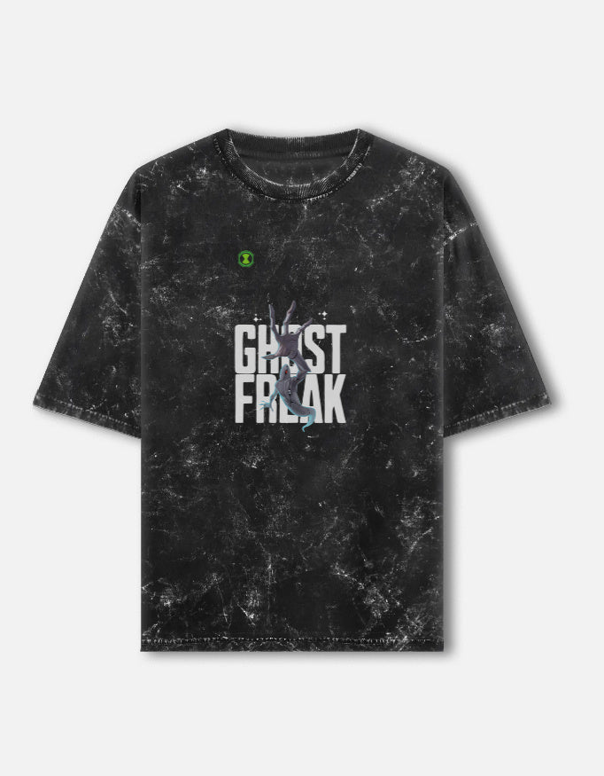 Black distressed t-shirt with a white skeleton hand gesture on a light gray background
