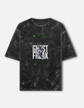 Black distressed t-shirt with a white skeleton hand gesture on a light gray background