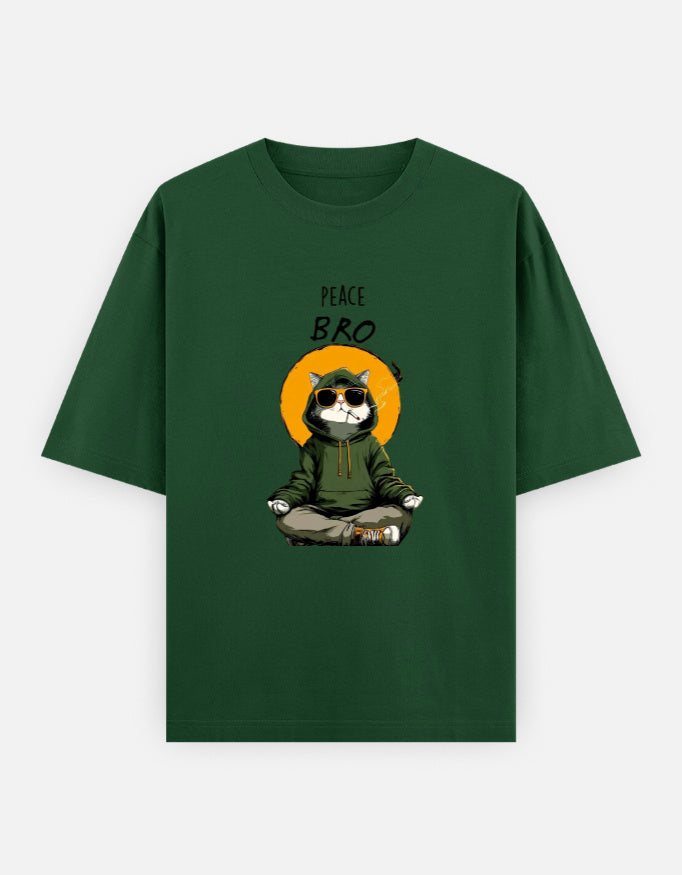 Green t-shirt with a cat graphic and 'Peace Bro' text on a white background