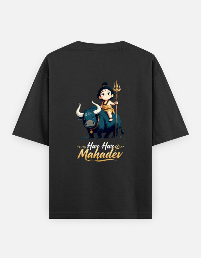 Black t-shirt with a graphic of a deity and a bull, and text 'Hai Hai Mahadev' on the back.