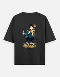 Black t-shirt with a graphic of a deity and a bull, and text 'Hai Hai Mahadev' on the back.