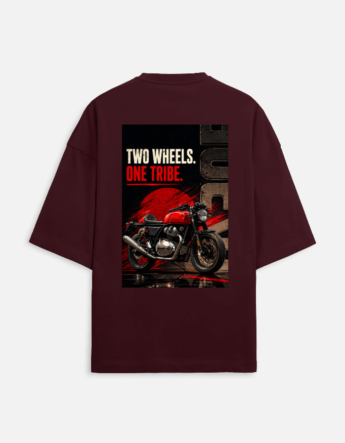Maroon t-shirt with motorcycle graphic and text on a white background