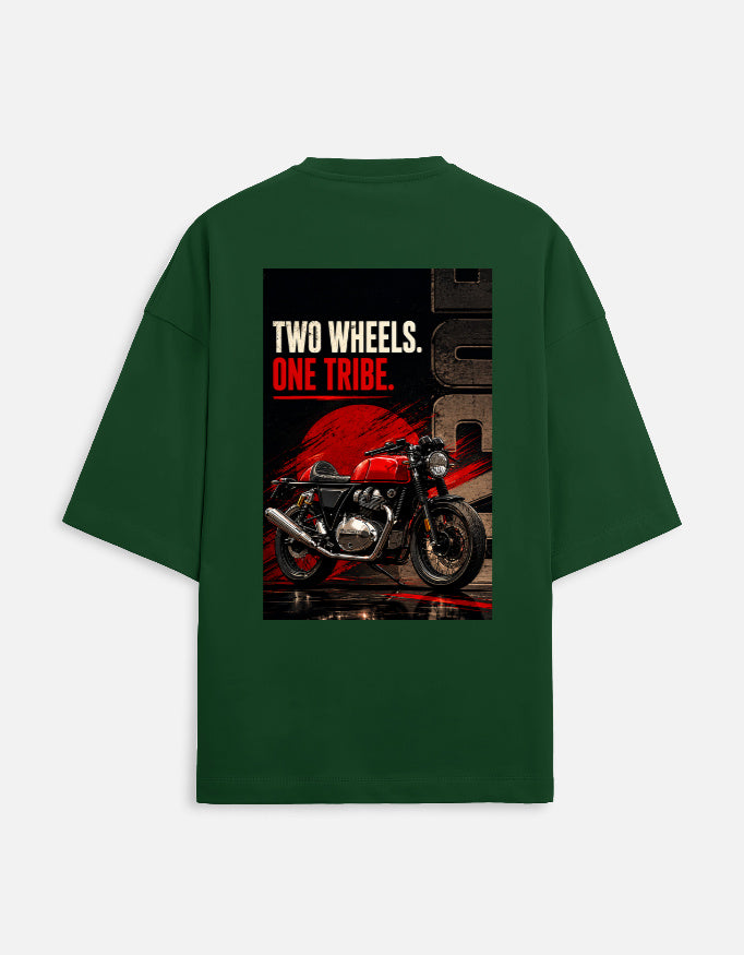 Green t-shirt with a graphic of a red motorcycle and text 'Two Wheels. One Tribe.' on a white background