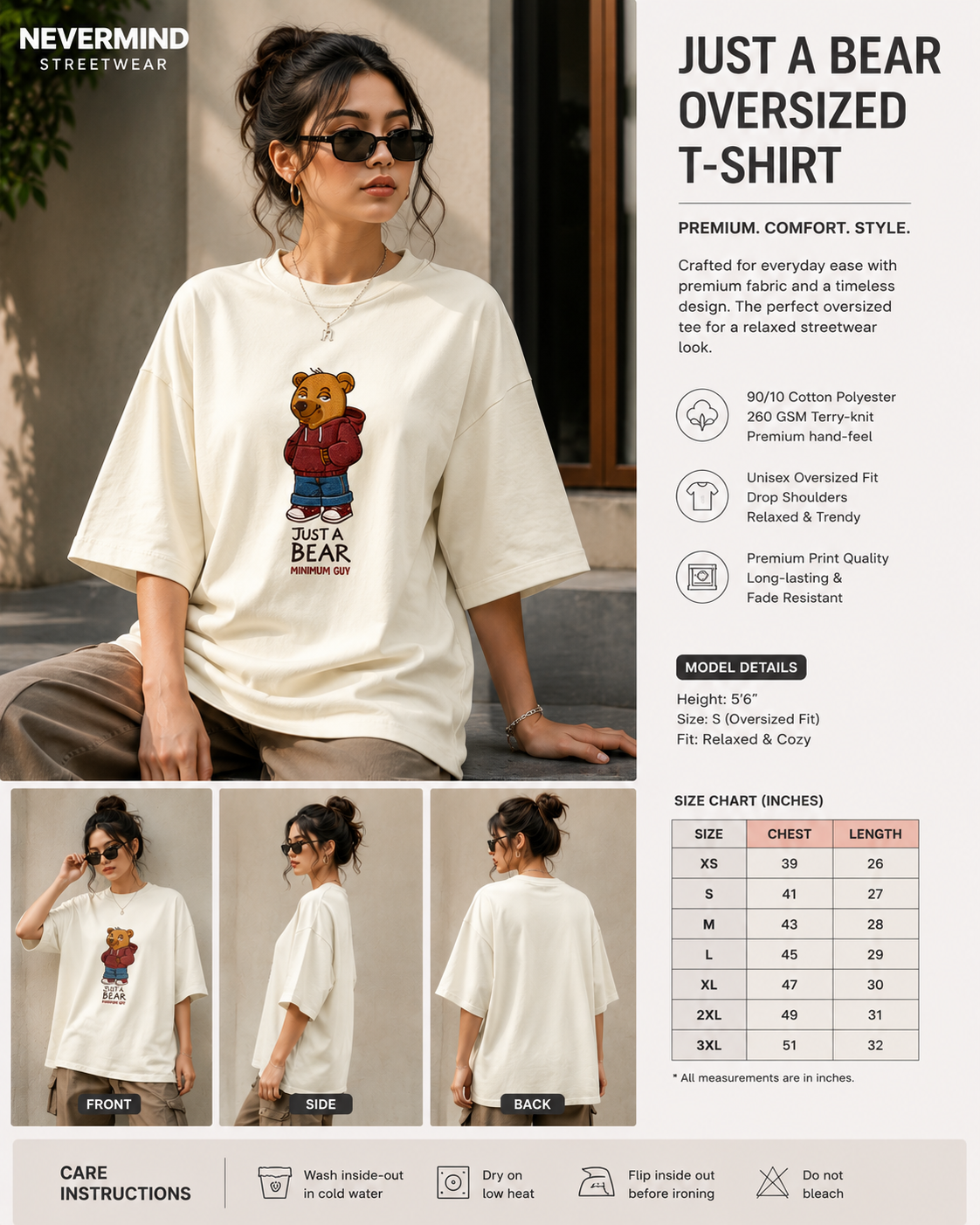 Person wearing a white oversized t-shirt with a bear graphic and product details on the right.