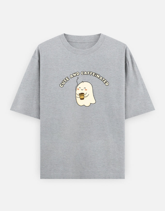Gray t-shirt with a ghost graphic and text on a white background