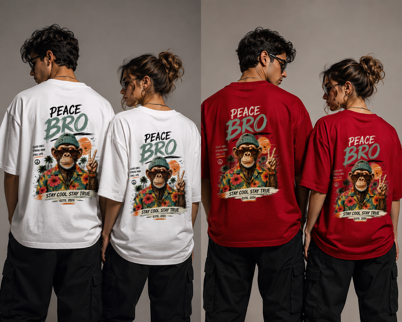 Two people wearing white t-shirts and two wearing red t-shirts with a monkey graphic and 'Peace Bro' text.