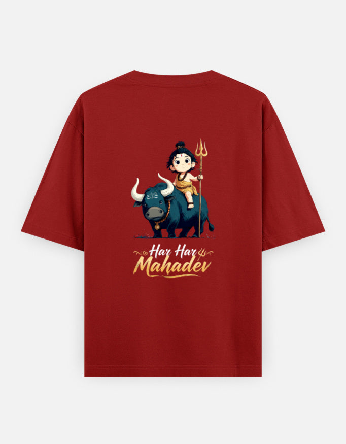 Red t-shirt with a graphic of a deity on a bull and 'Hai Hai Mahadev' text on a white background