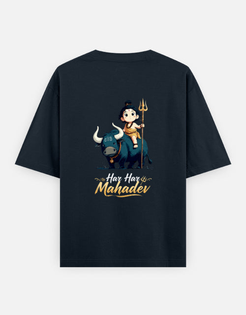 Black t-shirt with a cartoon character and 'Hay Hay Mahadev' text on a white background