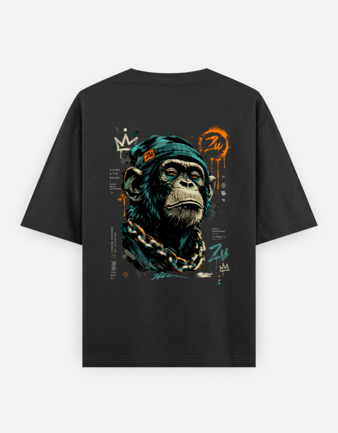 Black t-shirt with a graphic of a monkey wearing a green hat and chain on a white background