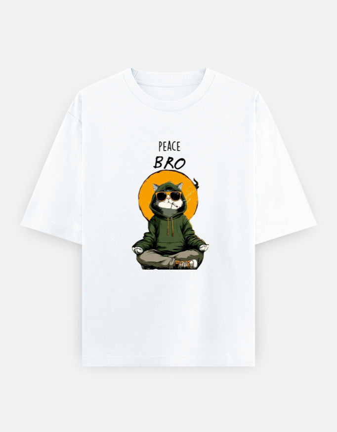 White t-shirt with a graphic of a cat in a hoodie and sunglasses, text 'Peace Bro' on a white background