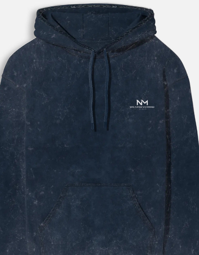 Navy blue hoodie with 'MODE' logo on a light gray background