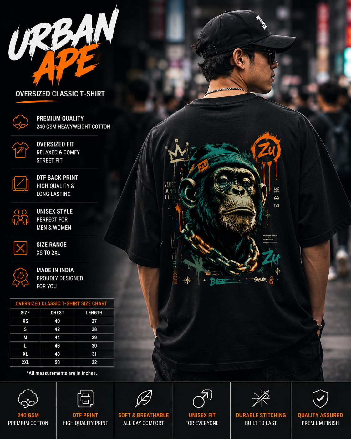Person wearing a black t-shirt with a graphic design, standing in an urban setting.