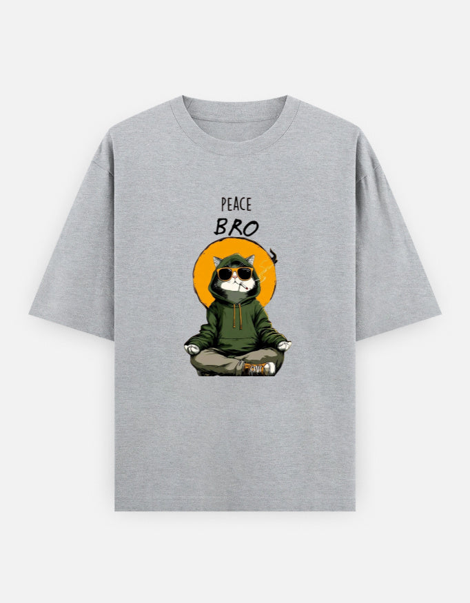 Gray t-shirt with a cat in a hoodie graphic and 'Peace Bro' text on a white background