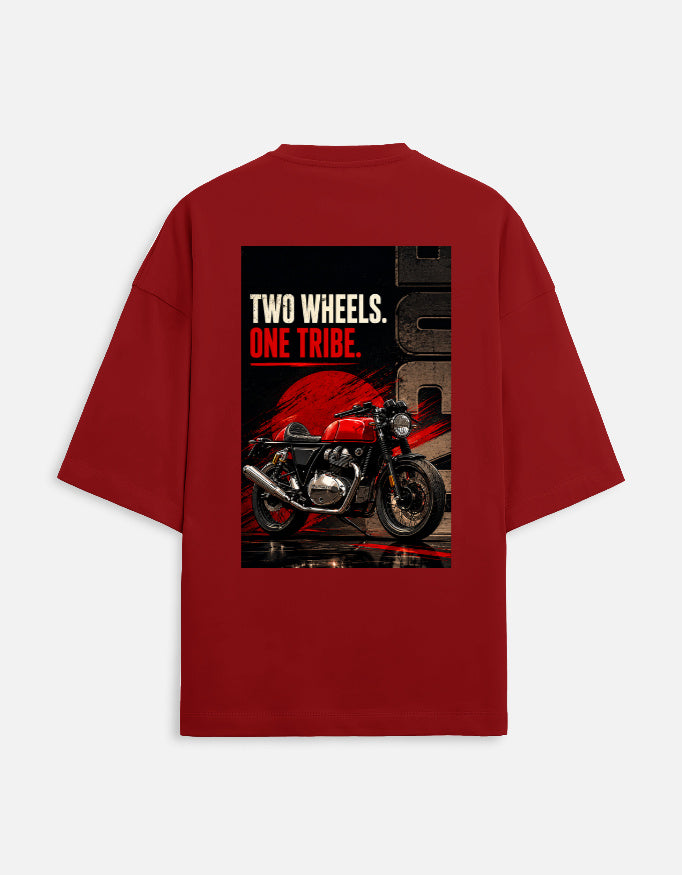 Red t-shirt with a motorcycle graphic and text on the back against a white background
