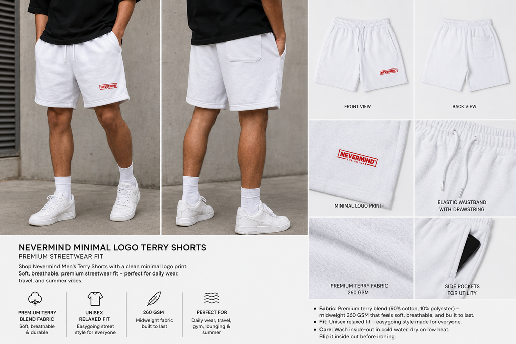 White shorts with a red logo worn by a person, with detailed views and product description text.