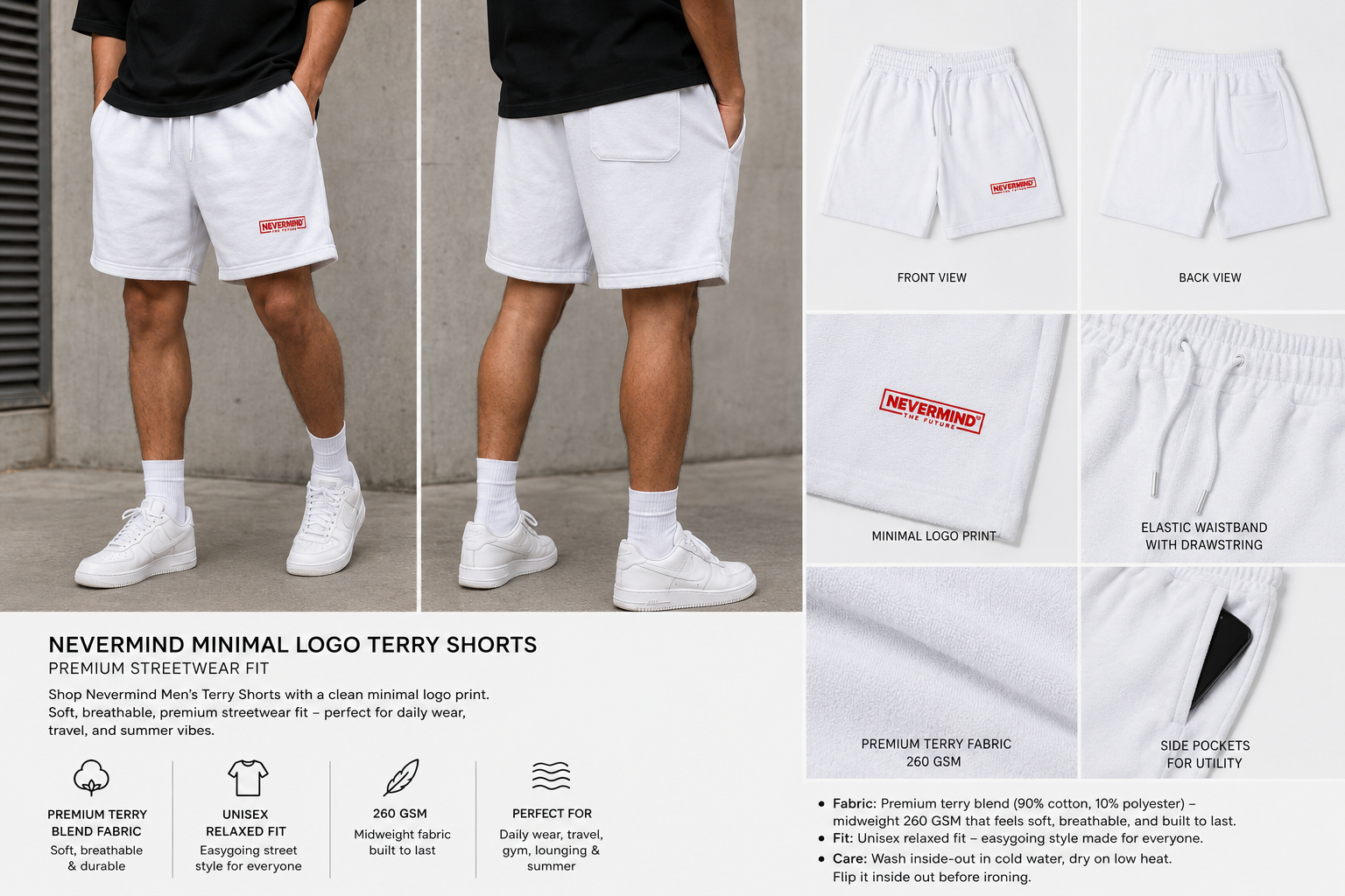 White shorts with a red logo worn by a person, with detailed views and product description text.