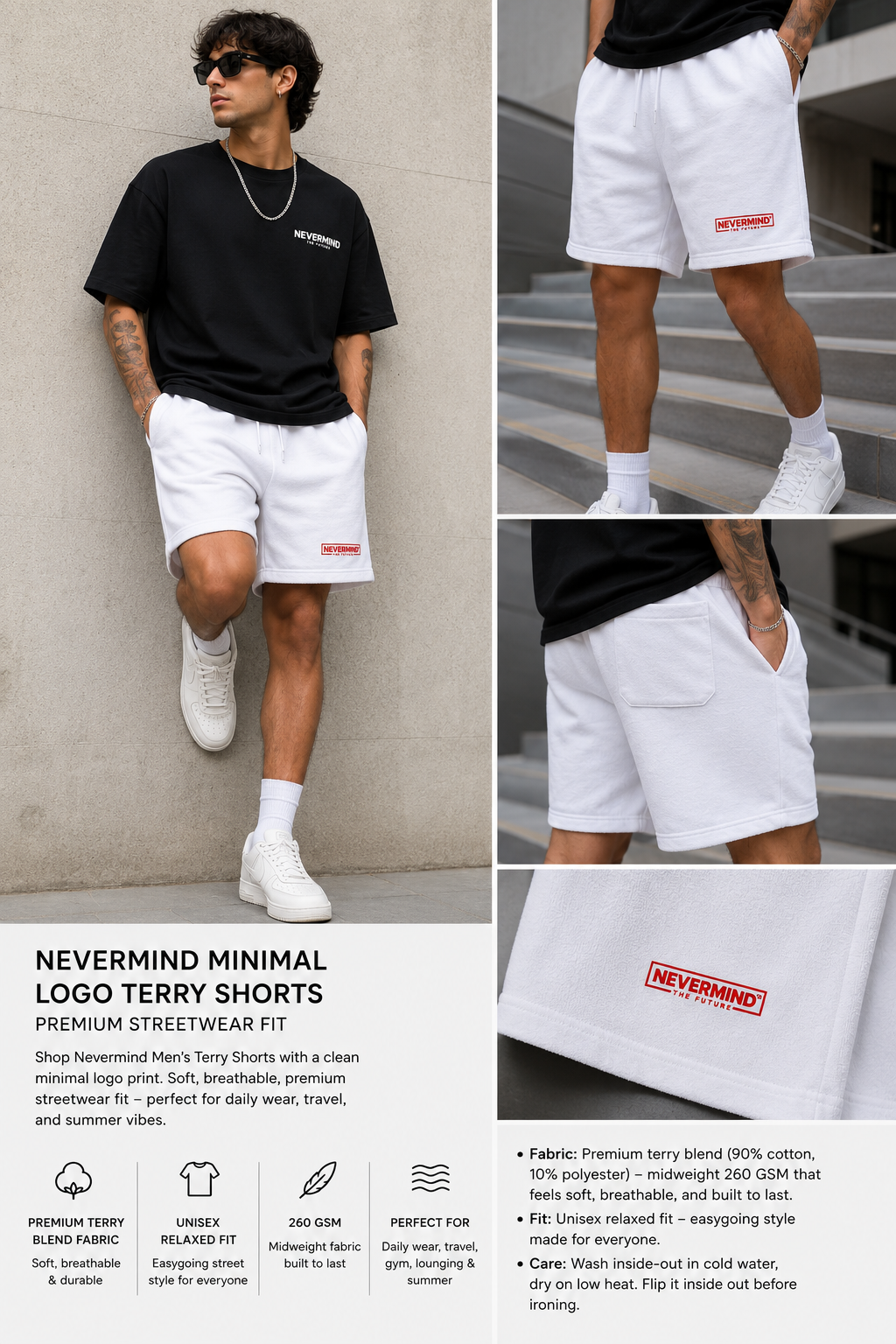 Person wearing white shorts with a brand logo, standing against a neutral wall.