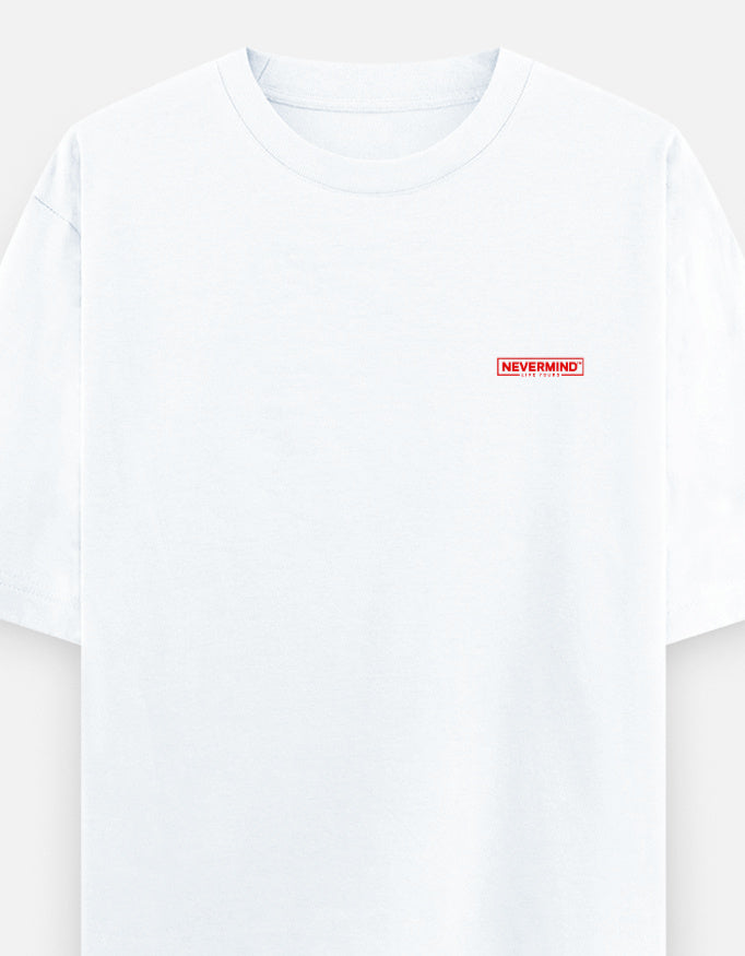 White t-shirt with a red 'NEVERMIND' logo on a white background