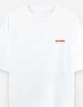 White t-shirt with a red 'NEVERMIND' logo on a white background