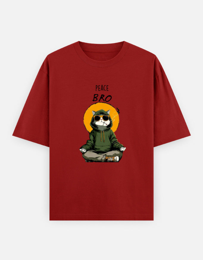 Red t-shirt with a cat graphic and 'Peace Bro' text on a white background