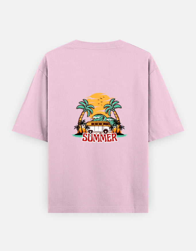 Pink t-shirt with a 'Summer' graphic featuring palm trees and a van on a white background