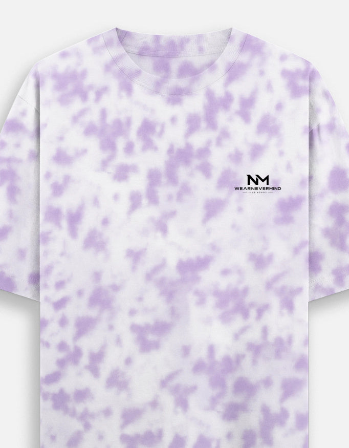 Purple and white tie-dye t-shirt with a logo on a white background