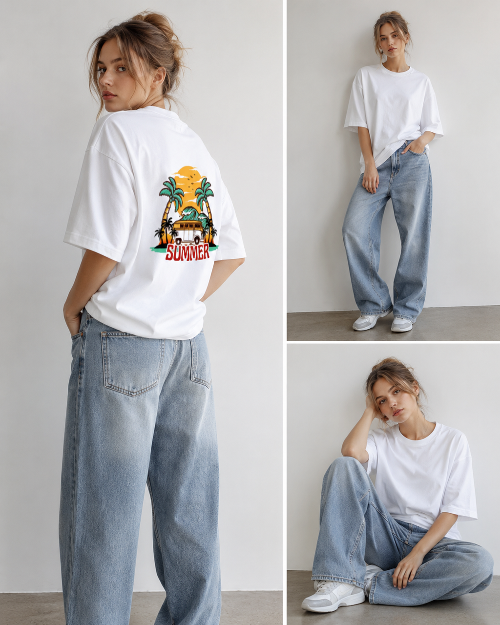 Woman wearing a white t-shirt with a colorful graphic and blue jeans in three different poses against a plain background.