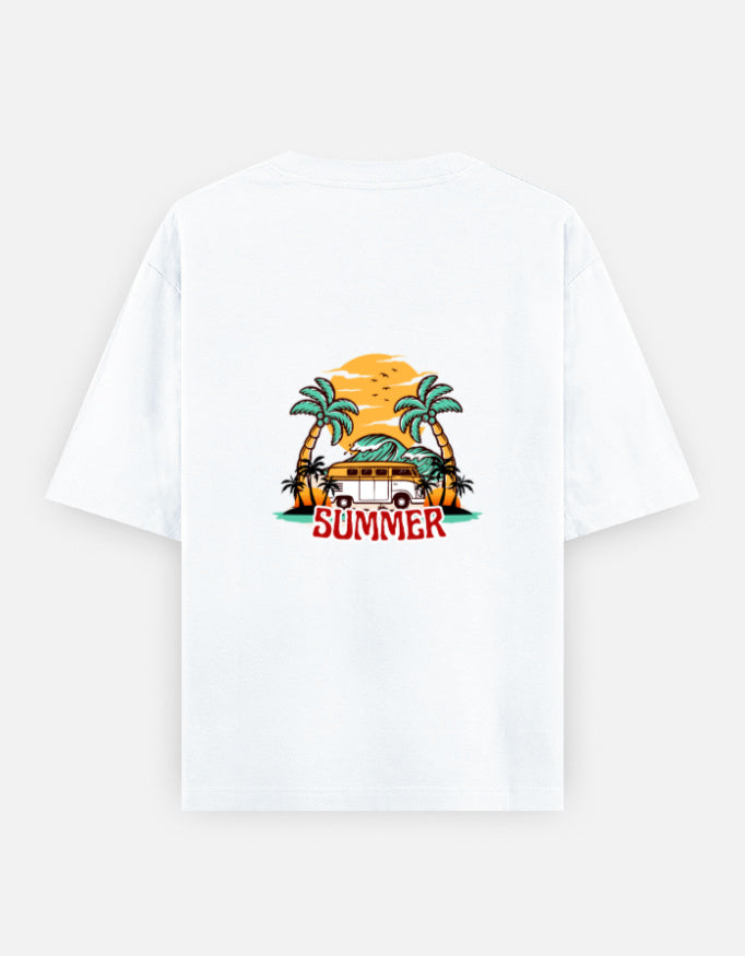White t-shirt with a 'Summer' graphic featuring palm trees and a van on a white background