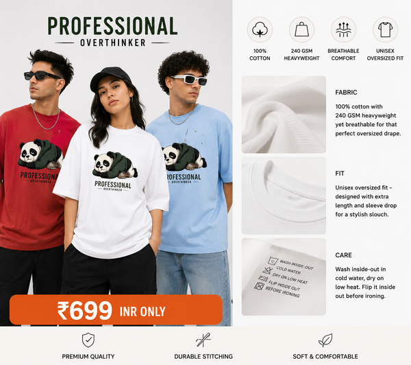 Three people wearing t-shirts with panda graphics and text, promotional banner with pricing and product details.