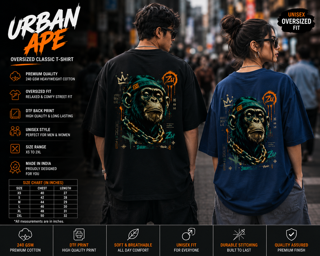 Two people wearing oversized t-shirts with a monkey graphic design in an urban setting.