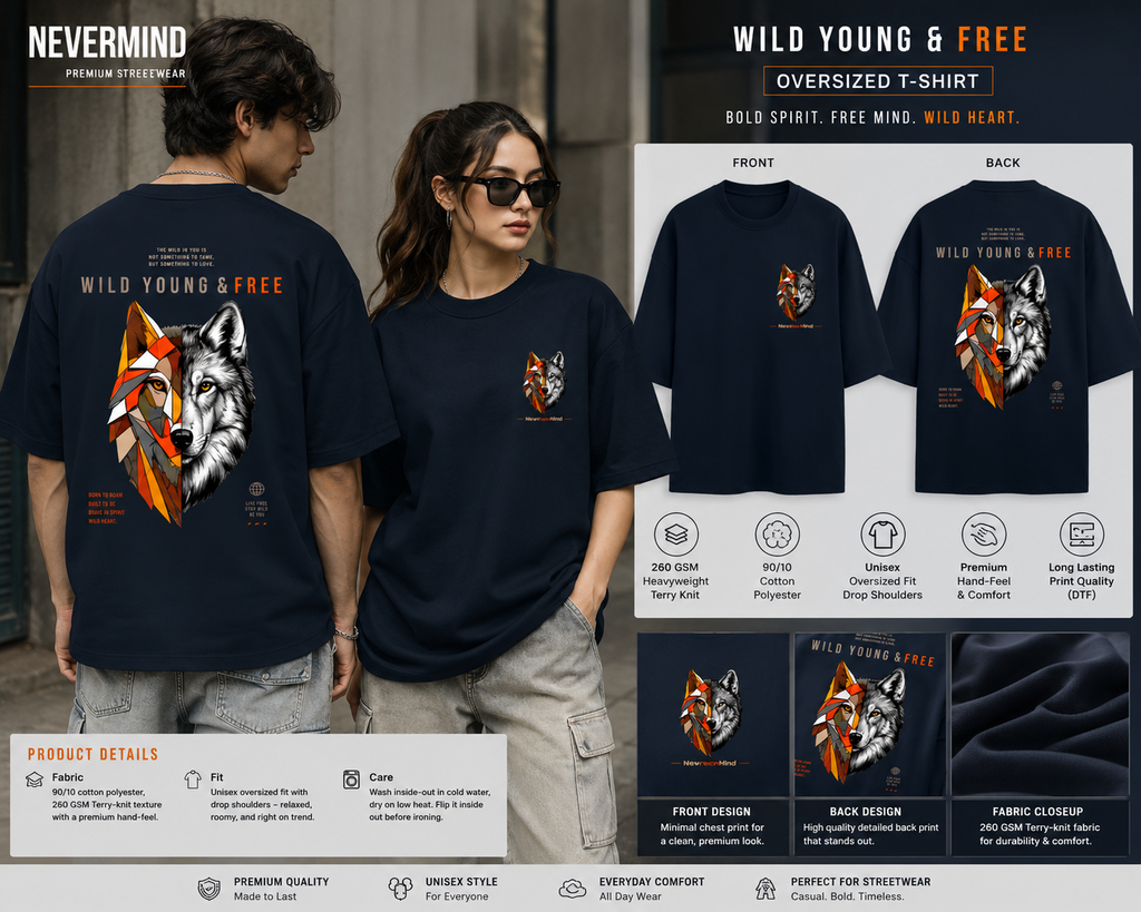 Two people wearing 'Wild Young & Free' oversized t-shirts with wolf designs, product details displayed.