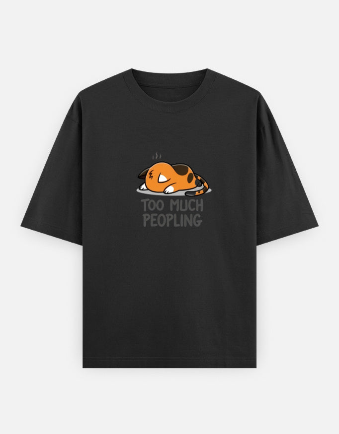 Black t-shirt with a cat graphic and text 'Too Much Peopling' on a white background