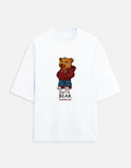White t-shirt with a bear graphic and text on a white background