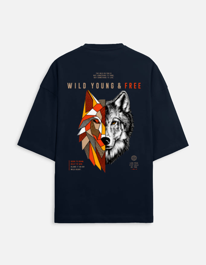 Black t-shirt with wolf design and 'Wild Young & Free' text on a light gray background