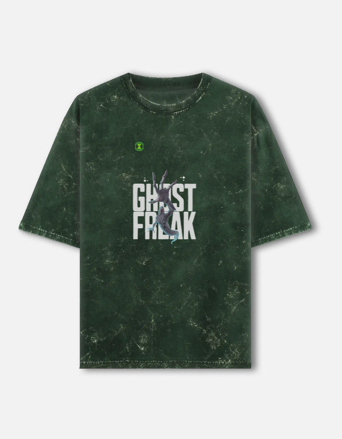 Green distressed t-shirt with 'Ghost Freak' text on a white background