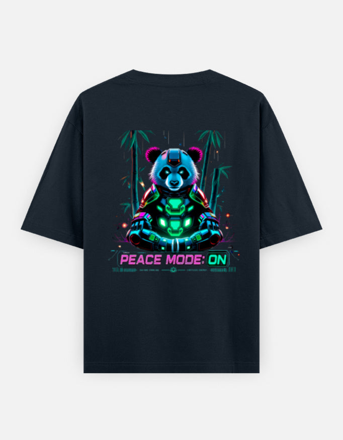 Black t-shirt with a colorful panda graphic and 'Peace Mode: ON' text on the back.